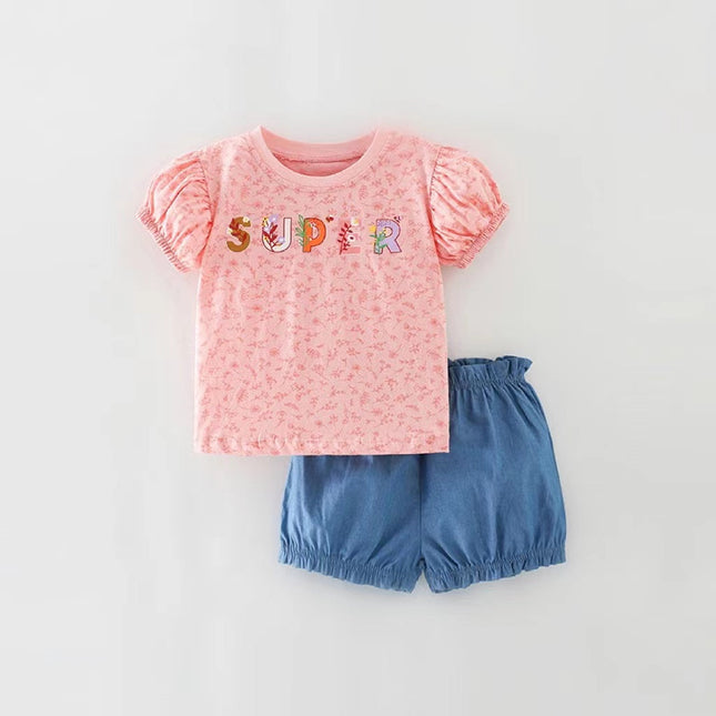 Baby Girl Floral & Slogan Print Graphic Puff Sleeve Tee Combo Denim Shorts Sets by MyKids-USA™