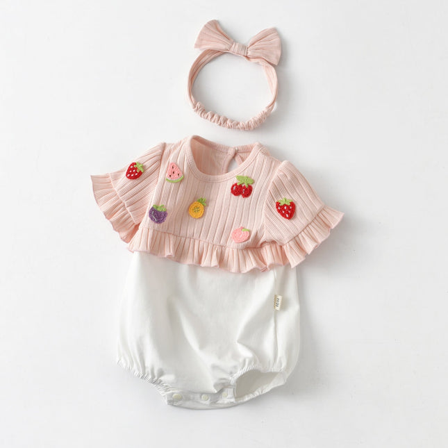 Baby Girls Fruit Embroidered Graphic Lace Sleeve Onesies & Headband by MyKids-USA™