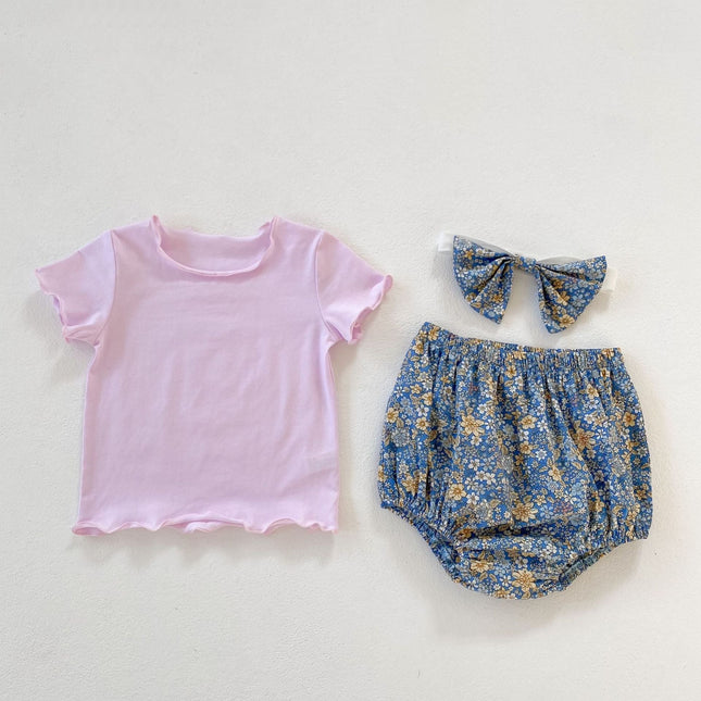 Baby Girl Solid Color Wooden Ear Design T-Shirt Combo Floral Shorts 2-Pieces Sets by MyKids-USA™