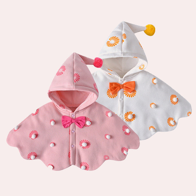 Kids Floral Graphic Button Front Design Bow Tie Decoration Warm Shawls With Hat by MyKids-USA™
