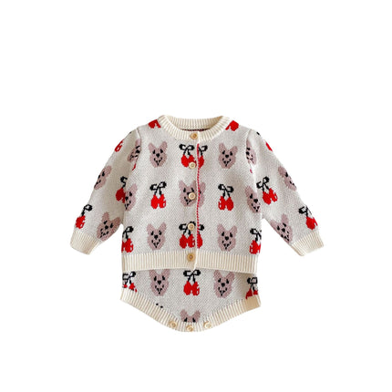 Baby Girl 1pcs Allover Cartoon Bear & Cherry Embroidered Graphic Bodysuit & Cardigan Knitted Sets by MyKids-USA™