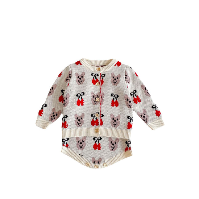 Baby Girl 1pcs Allover Cartoon Bear & Cherry Embroidered Graphic Bodysuit & Cardigan Knitted Sets by MyKids-USA™