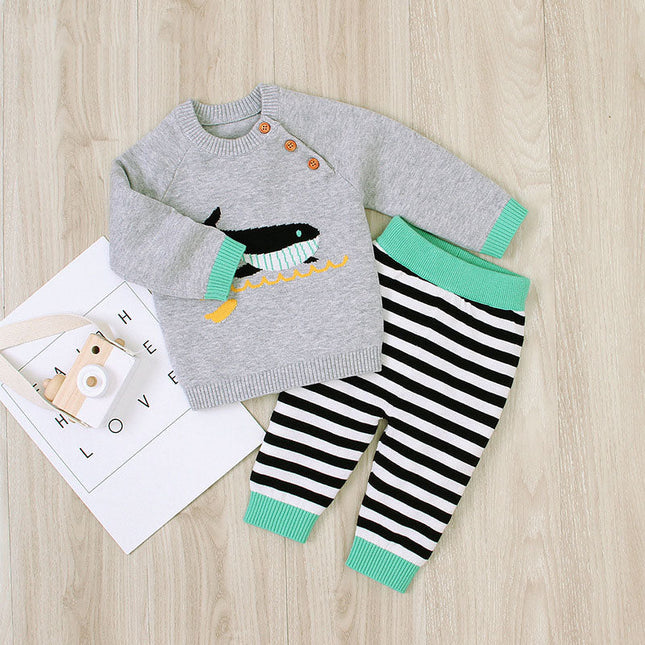 Baby Boy Cartoon Animal Embroidered Pattern Shoulder Button Design Pullover Sweater & Striped Trousers Sets by MyKids-USA™