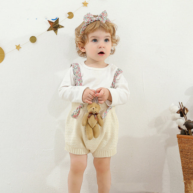 Baby Girl Ditsy Flower Sling Knitted Shorts Overalls With Headband by MyKids-USA™