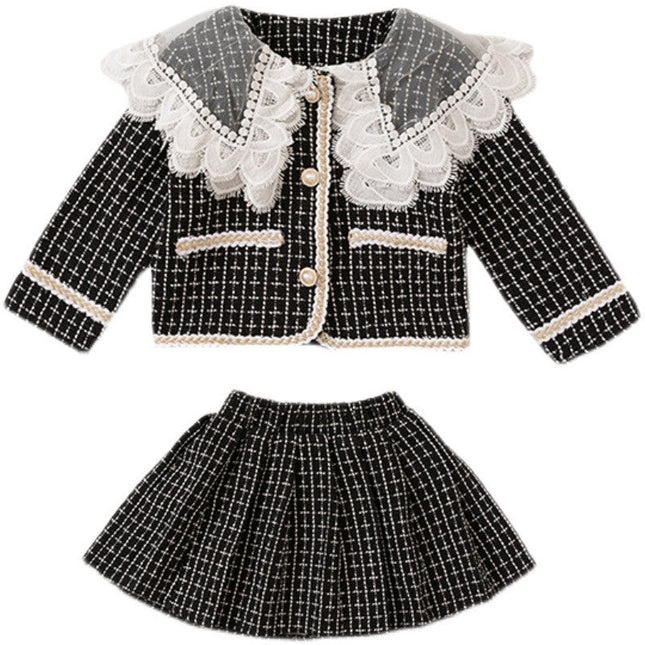 Baby Girl Plaid Pattern Mesh Patchwork Design Lapel Cardigan Combo Pleated Skirt Chanel’s Style Sets by MyKids-USA™