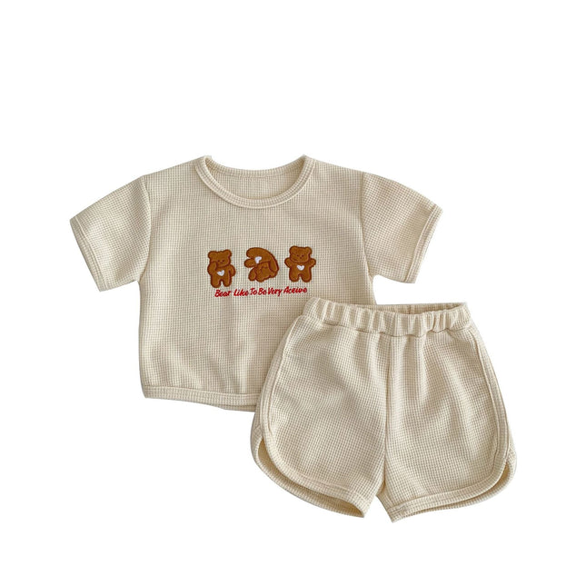 Baby Bear Embroidered Pattern Waffle Fabric T-Shirt Combo Shorts Sets by MyKids-USA™