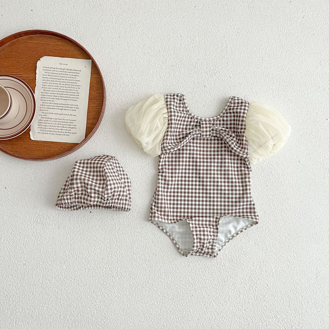 Baby Girl Plaid Pattern Mesh Sleeves Patchwork Swimwear With Hats by MyKids-USA™