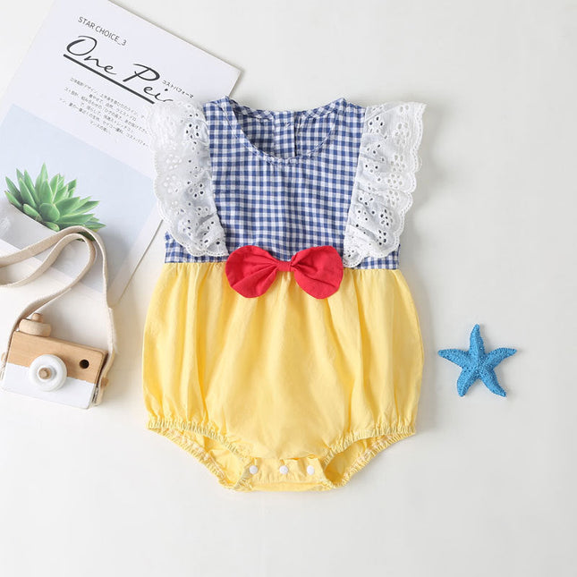Baby Girl Plaid Pattern Lace Patchwork Bow Sleeveless Princess Onesies In Summer by MyKids-USA™