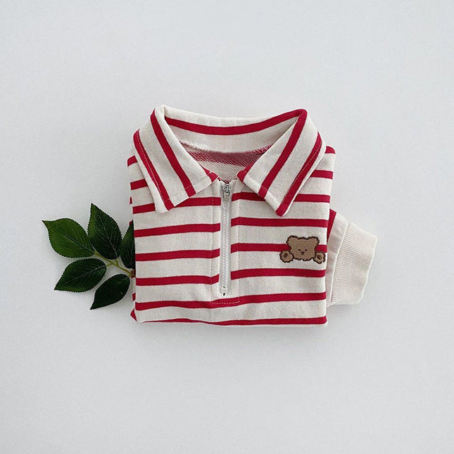 Baby Striped & Cartoon Patched Graphic Polo Neck Long Sleeves Bodysuit Onesies by MyKids-USA™