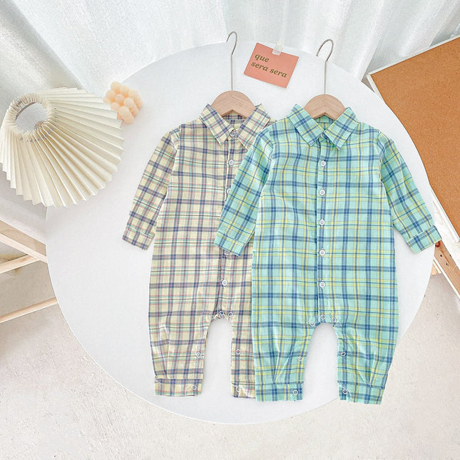 Baby Boy Classic Plaid Pattern Lapel Design Long Sleeve Rompers by MyKids-USA™