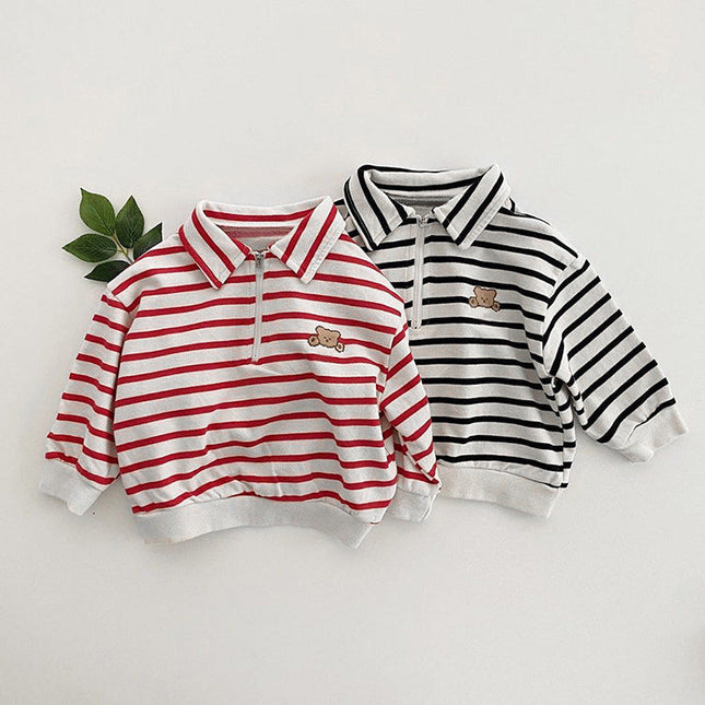 Baby Cute Bear Embroidered & Striped Pattern Polo Neck Cotton Hoodies by MyKids-USA™