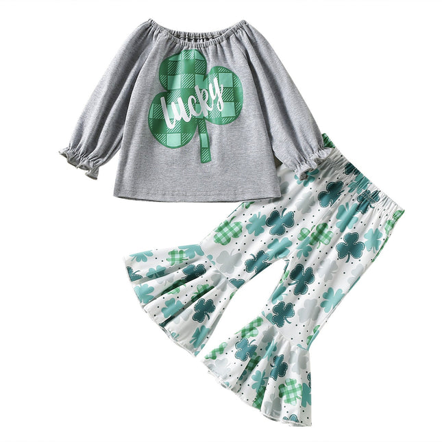 Baby Girl 1pcs 4-Leaves Grass Graphic Long Sleeve Tops Combo Allover Grass Print Ruffle Hem Pants Sets by MyKids-USA™