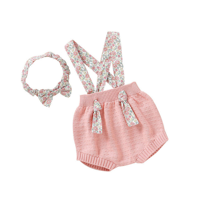 Baby Girl Ditsy Flower Sling Knitted Shorts Overalls With Headband by MyKids-USA™
