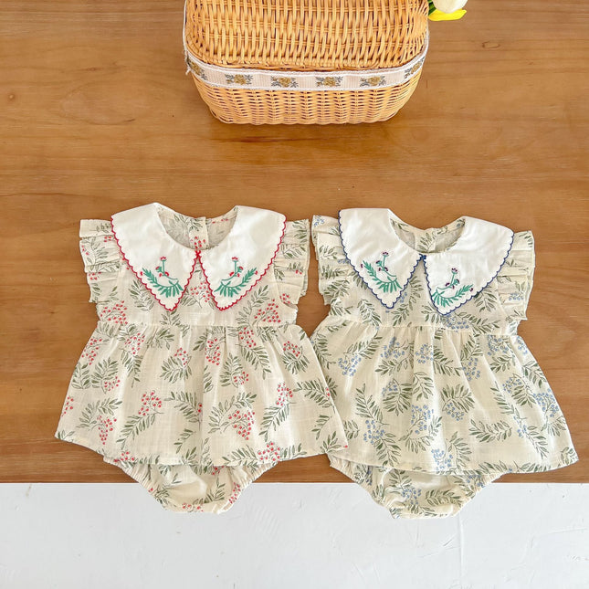 Baby Girl Floral Print Pattern Embroidered Lapel Sleeveless Tops Combo Shorts Two-Piece Sets by MyKids-USA™