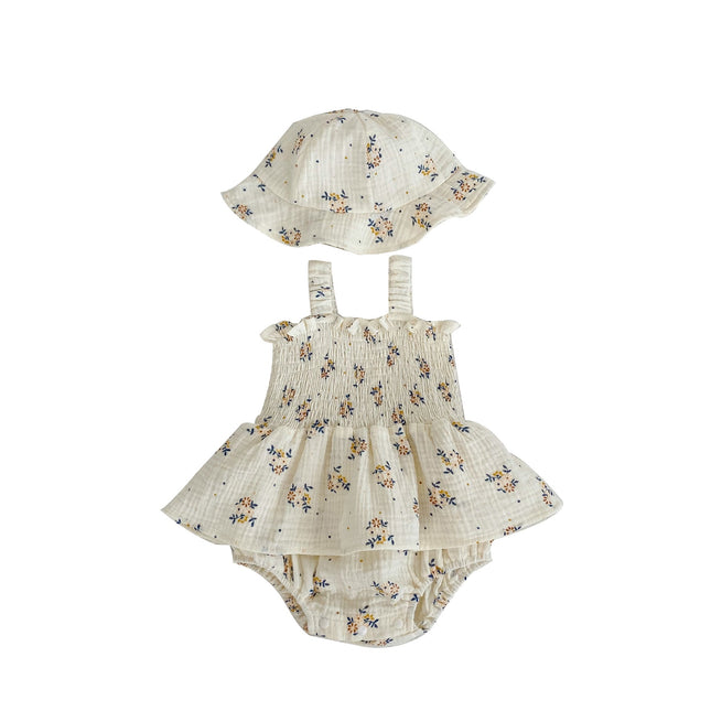 Baby Flower Pattern Sling Design Onesies Dress With Hat by MyKids-USA™