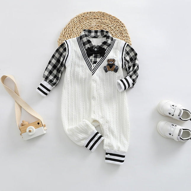 Baby Boy Plaid Patchwork Pattern Bear Embroidered Jumpsuit by MyKids-USA™