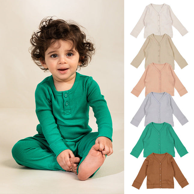 Baby Girl Solid Color Modal Cotton Pit Strip V-Neck Cardigan by MyKids-USA™