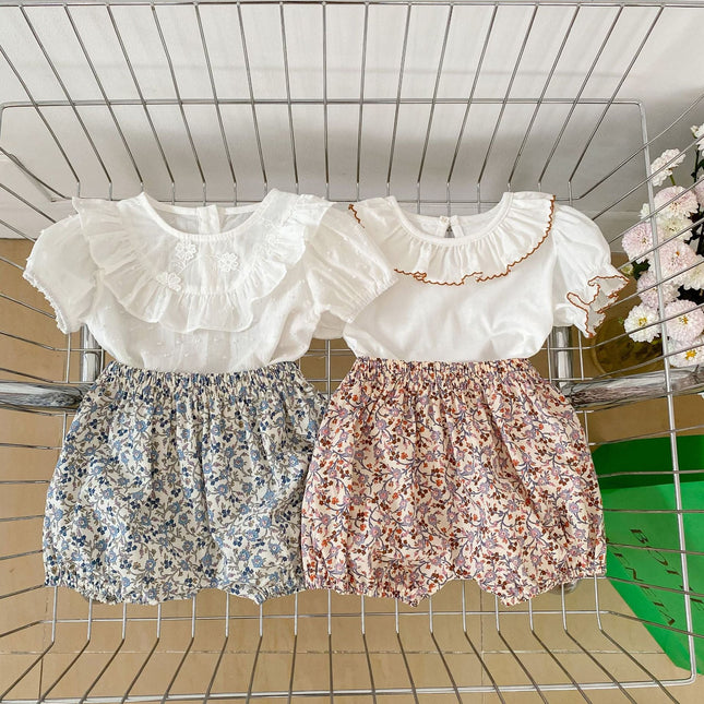Baby Solid Color Puff Sleeve Blouses Combo Shorts Sets by MyKids-USA™