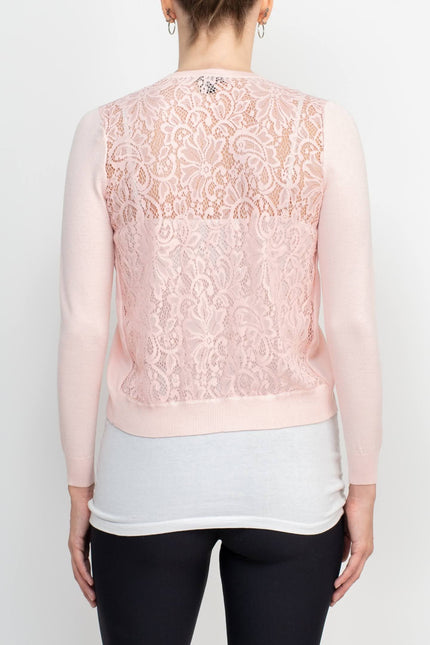 Esperanza NY Crew Neck Hook Eye Closure Long Sleeve Lace Back Knit Cardigan by Curated Brands