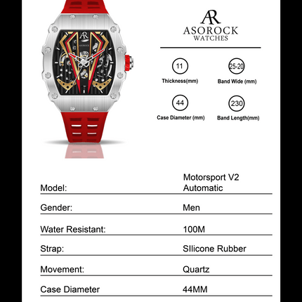 Silver/red Motorsport V2 automatic by ASOROCK WATCHES