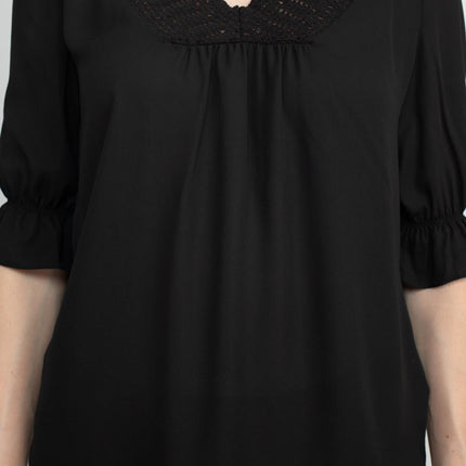 Zac & Rachel Lace V-Neck 3/4 Sleeve Solid Crepe Top by Curated Brands