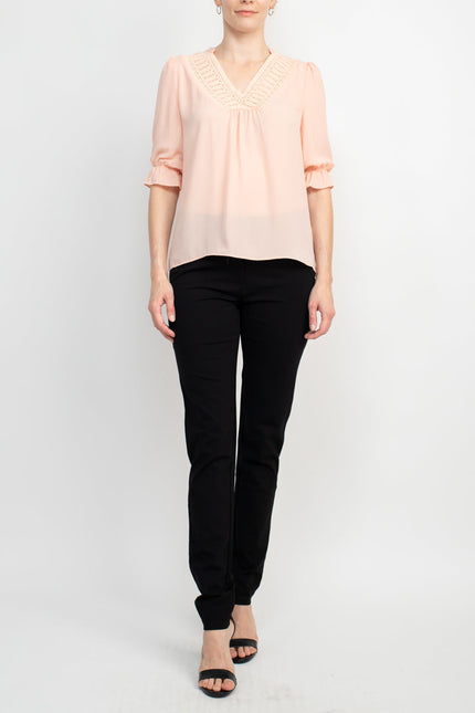 Zac & Rachel Lace V-Neck 3/4 Sleeve Solid Crepe Top by Curated Brands