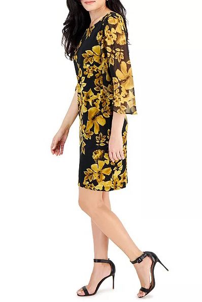 Connected Apparel boat neck slit 3/4 chiffon sleeve multi print matte jersey dress by Curated Brands