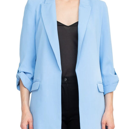 T Tahari Lapel Collar 3/4 Roll Sleeve Open Front Woven Blazer by Curated Brands