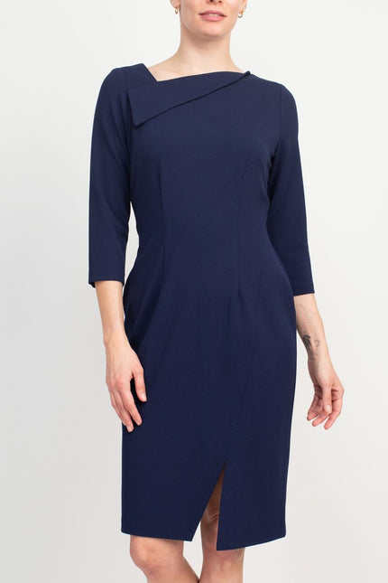 Connected Apparel Navy Crepe Front Slit Dress - Scuba Crepe Fabric by Curated Brands