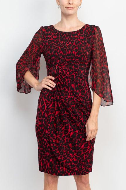 Connected Apparel boat neck 3/4 chiffon sleeve gathered side multi print matte jersey dress by Curated Brands