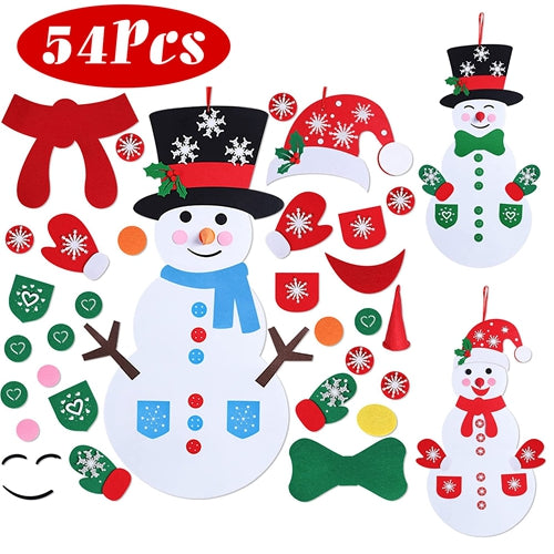 Felt Christmas Snowman Set DIY Felt Christmas Hanging Decorations Kits with 54Pcs Detachable Ornaments Xmas Gift for Toddlers - Multi