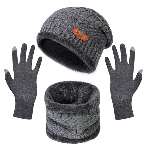 Winter Knitted Hat Scarf Gloves 3Pcs Winter Warm Beanie and Touch Screen Gloves Scarf Set Knit Beanie Skull Cap Neck Warmer Mittens for Men Women - Gray