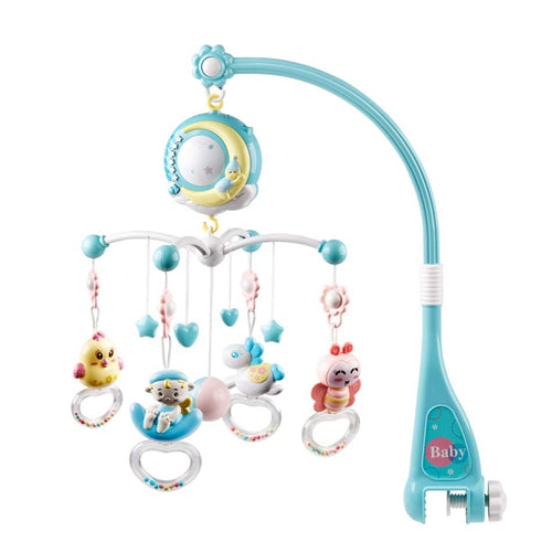 Baby Musical Crib Bed Bell Rotating Mobile Star Projection Nursery Light Baby Rattle Toy w/ Music Box Remote Control - Blue
