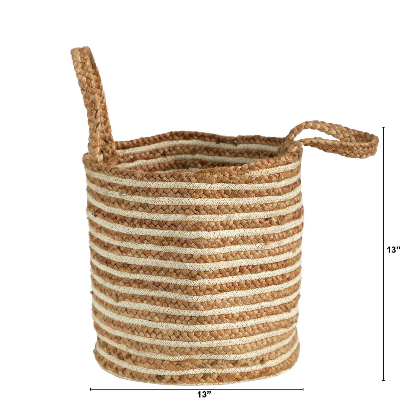 14” Boho Chic Basket Natural Cotton and Jute, Handwoven Stripe with Handles by Nearly Natural - Vysn
