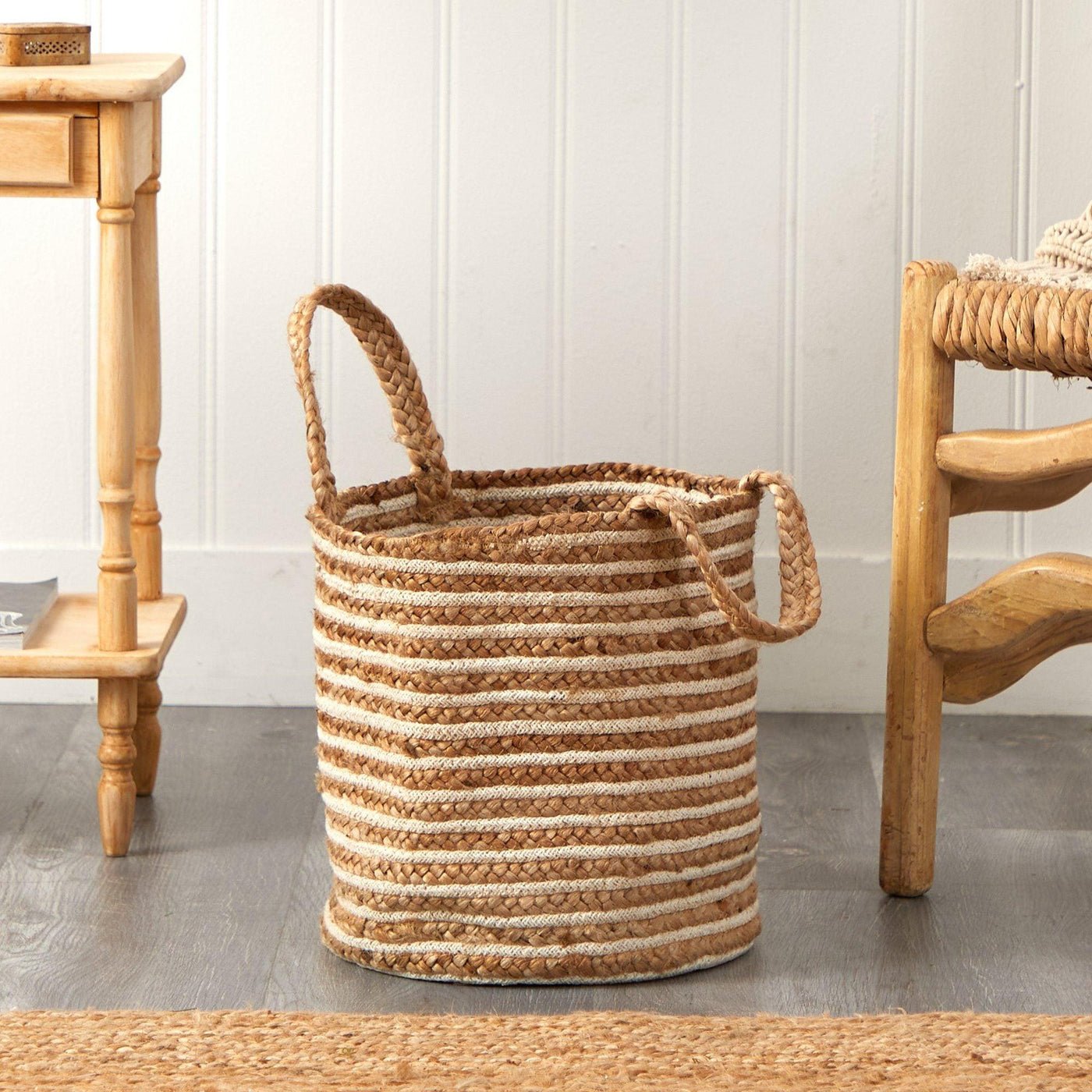 14” Boho Chic Basket Natural Cotton and Jute, Handwoven Stripe with Handles by Nearly Natural - Vysn