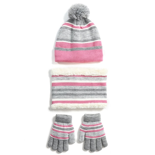 Winter Kids Knitted Hat Scarf Gloves 3Pcs Boys Girls Winter Warm Beanie Hat and Glove Scarf Set Beanie Neck Warmer Mittens for 4-7-Year-Old Kids - Pink