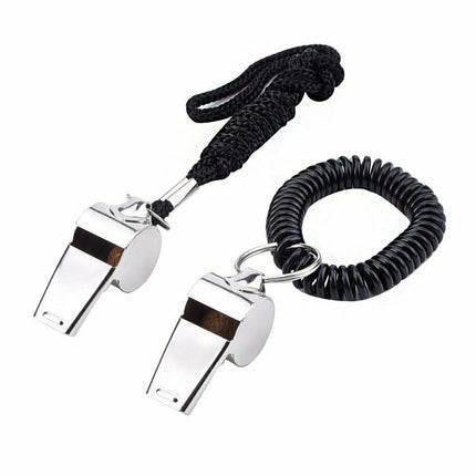2 Football Soccer Sports Metal Referee Whistle Black Lanyard Emergency Survival by Plugsus Home Furniture - Vysn
