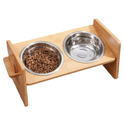 Bamboo Double Dog Raised Bowls 15° Tilt Elevated Dog Bowls with 4 Adjustable Heights 2 Stainless Steel Bowls Pet Feeder for Dogs Cats Rabbits