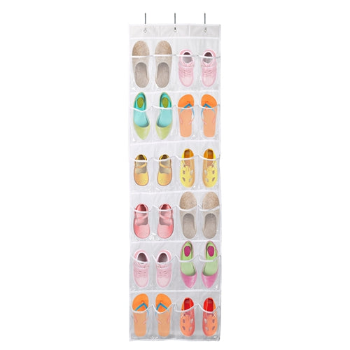 Over the Door Shoes Rack 24-Pocket Crystal Clear Organizer 6-Layer Hanging Storage Shelf for Shoes Slippers Small Toys Closet Cabinet - White
