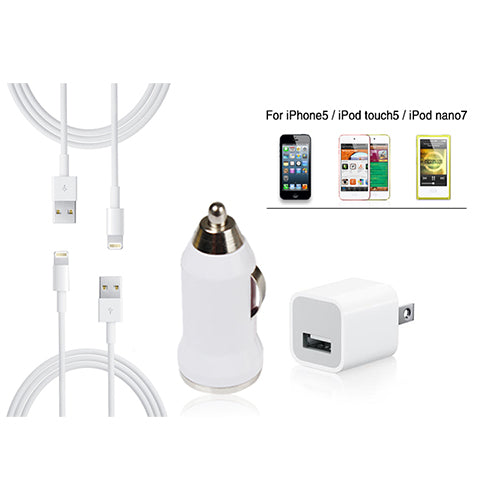 1 Car Charger  1 Wall Charger 2 Cable for iPhone 5 iTouch 5 iPod Nano 7 - White