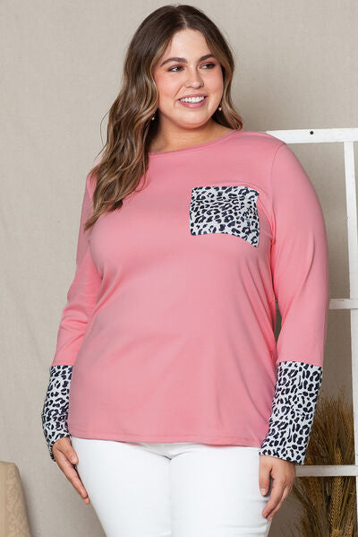 Plus Size Leopard Round Neck Long Sleeve T-Shirt