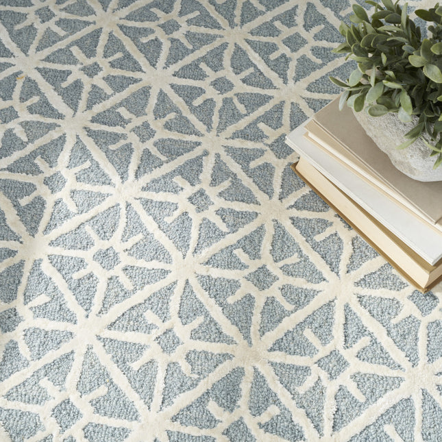 8' x 10' Light Blue and White Geometric Hand Tufted Area Rug