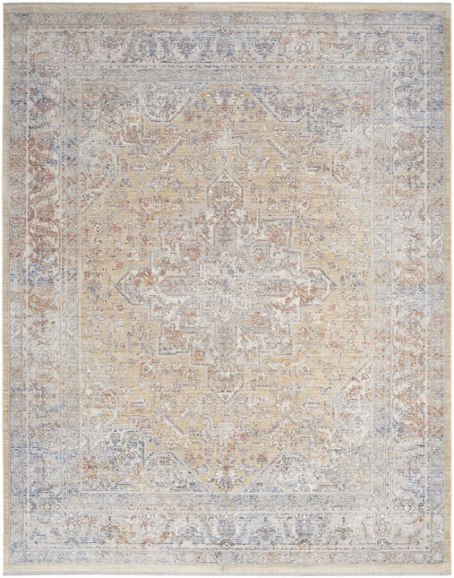 8' x 10' Gray and Gold Oriental Power Loom Distressed Area Rug With Fringe