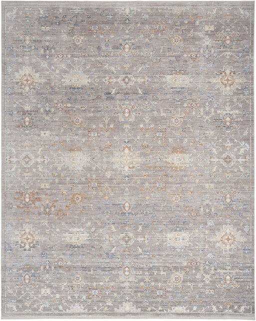 8' x 10' Ivory Blue and Gray Oriental Power Loom Distressed Area Rug With Fringe