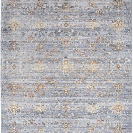 8' x 10' Blue and Ivory Oriental Power Loom Distressed Area Rug With Fringe