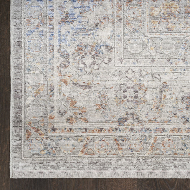 8' Ivory and Blue Oriental Power Loom Distressed Runner Rug With Fringe