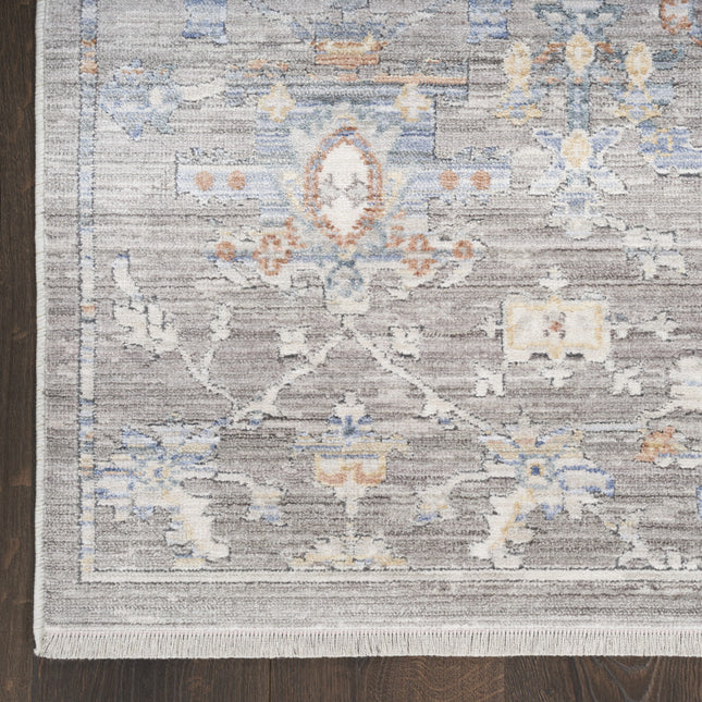 8' Ivory Blue and Gray Oriental Power Loom Distressed Runner Rug With Fringe