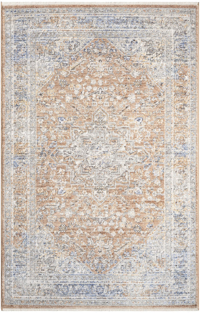 3' X 5' Brown and Blue Oriental Power Loom Distressed Area Rug
