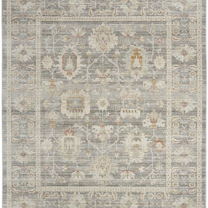 5' x 8' Beige Ivory and Gray Oriental Power Loom Distressed Area Rug With Fringe