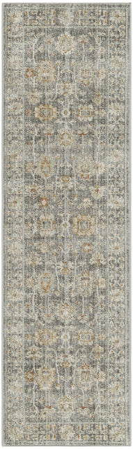 8' Beige Ivory and Gray Oriental Power Loom Distressed Runner Rug With Fringe